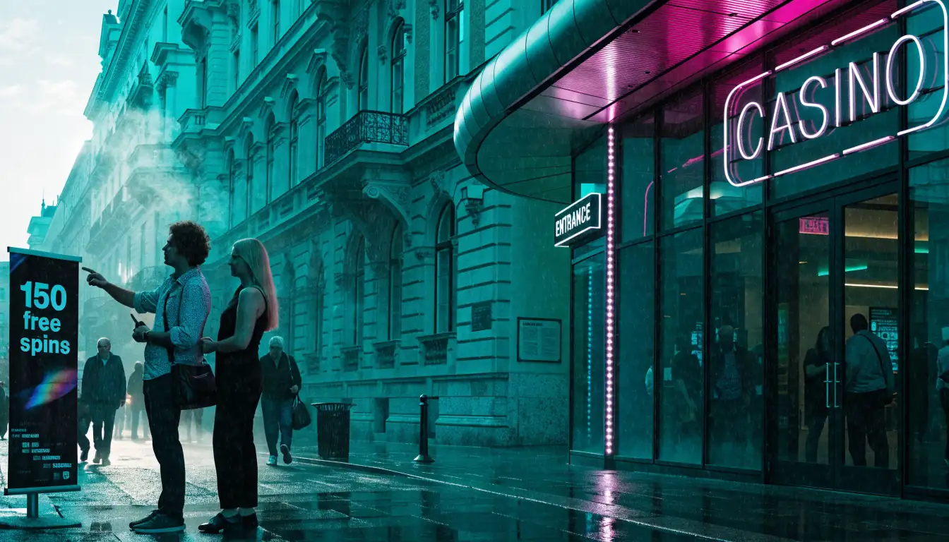 Vielseitige Wiener Straßenszene mit Casino‑Plakat und Touristen im Tageslicht