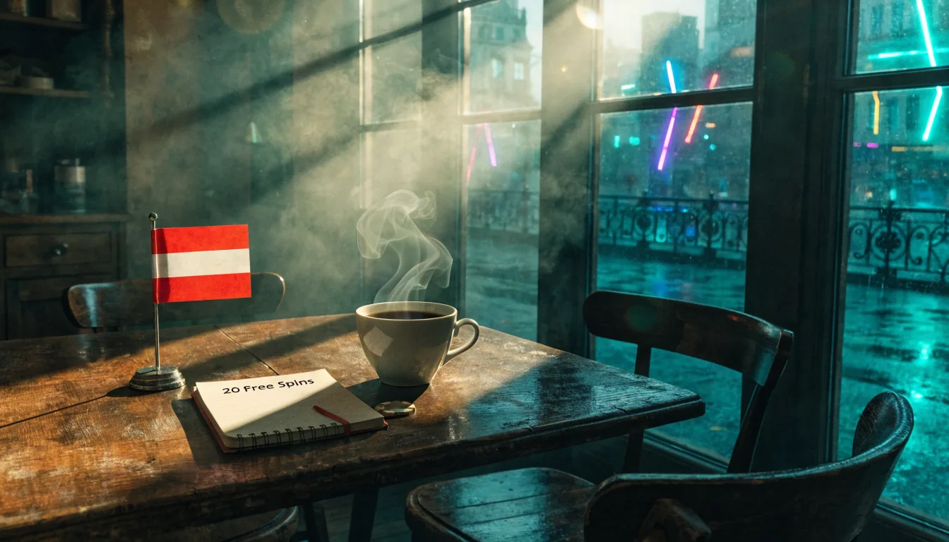 Gemütliches Café mit Kaffee und Roulette‑Chip, österreichische Flagge im Hintergrund