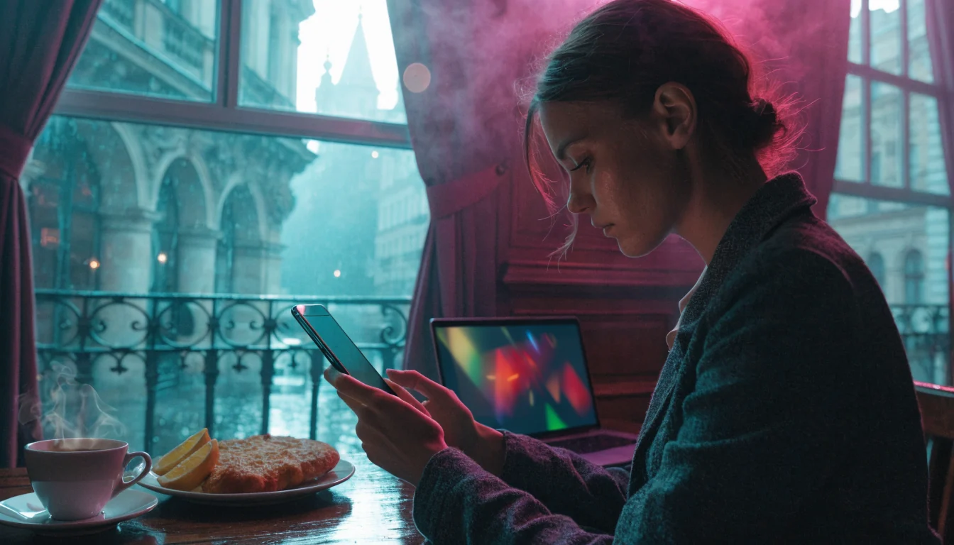 Junge Frau in einem Wiener Café mit Smartphone und Kaffee