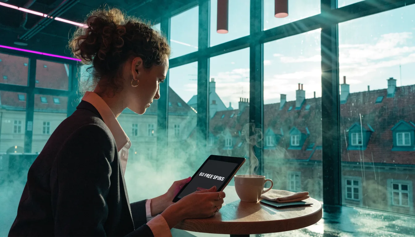 Junge Frau mit Tablet und Kaffeetasse in Wiener Café, Anzeige für 60 Freispiele