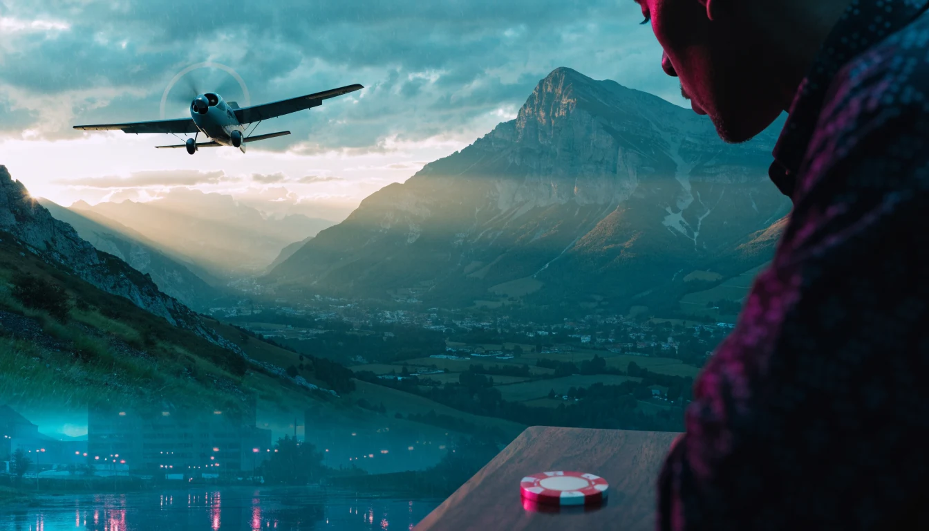 Vintage-Flugzeug über Alpen, glänzende Casino-Chip auf Tisch