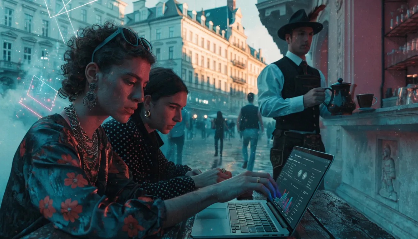Junges Paar prüft Krypto-Wallet am Laptop im Wiener Café