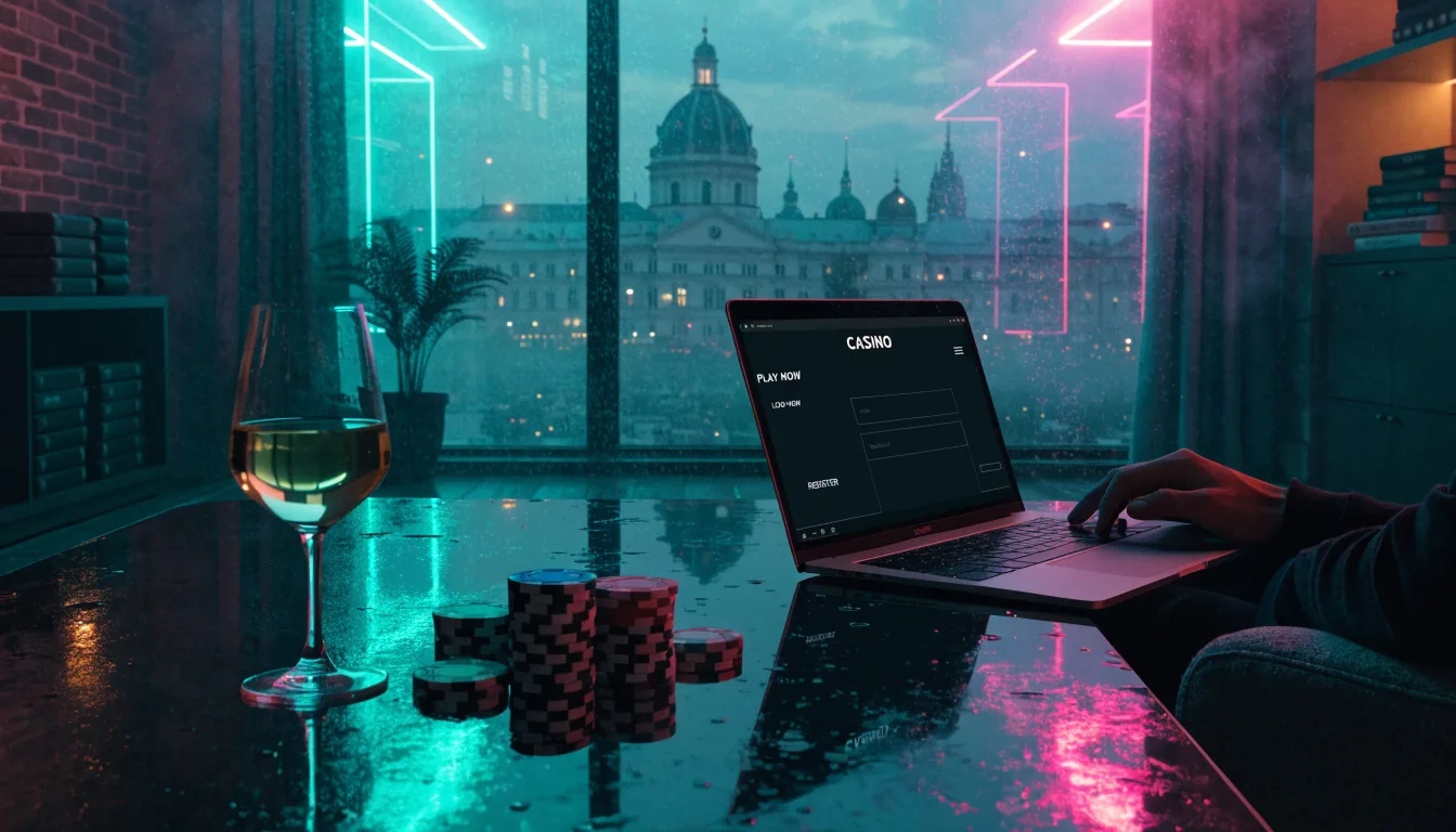 Modernes Wohnzimmer mit Laptop und Wiener Skyline im Hintergrund