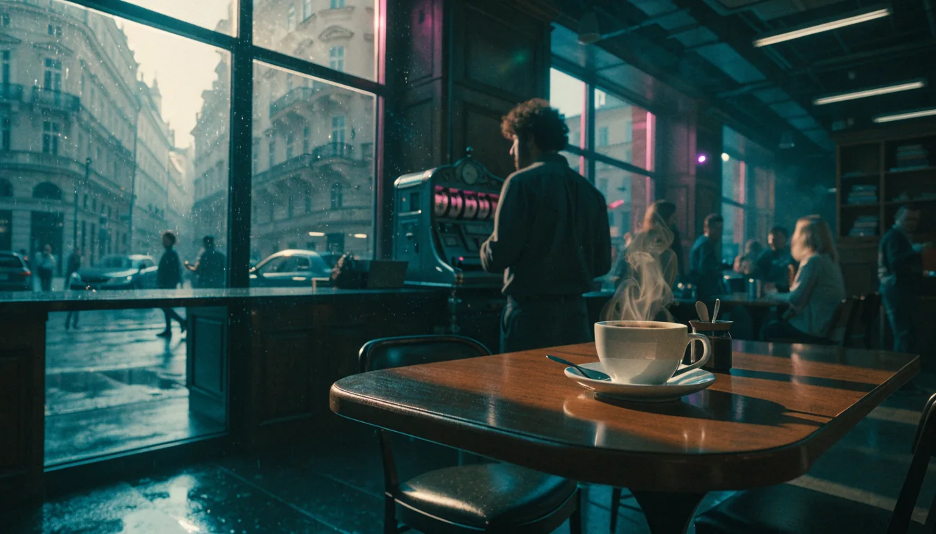 Wiener Café mit Vintage-Spielautomat im Hintergrund, warme Beleuchtung