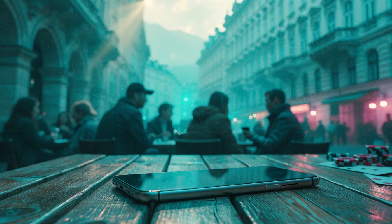 Smartphone auf einem Wiener Cafétisch mit Kasinochips im Abendlicht