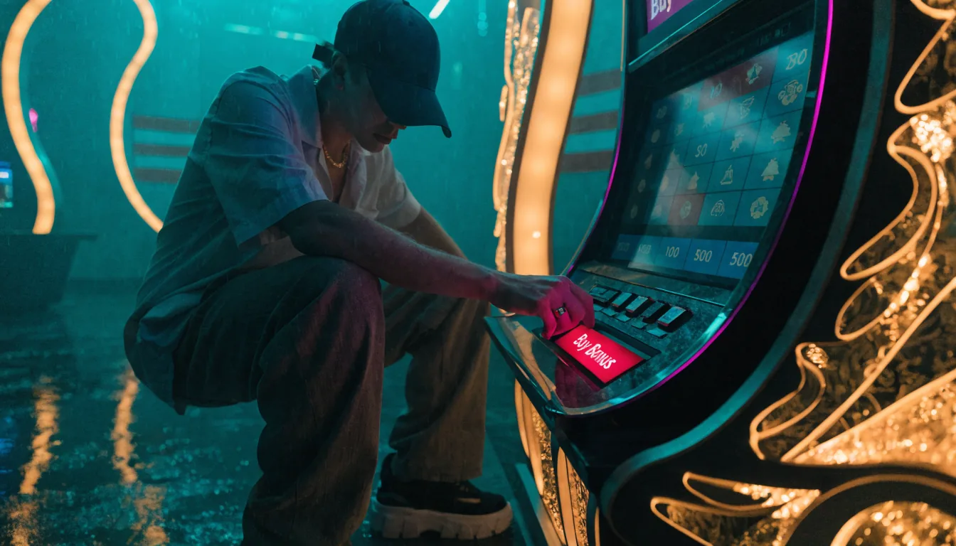 Spieler drückt Bonuskauf-Taste an modernem Spielautomaten in einem österreichischen Casino.