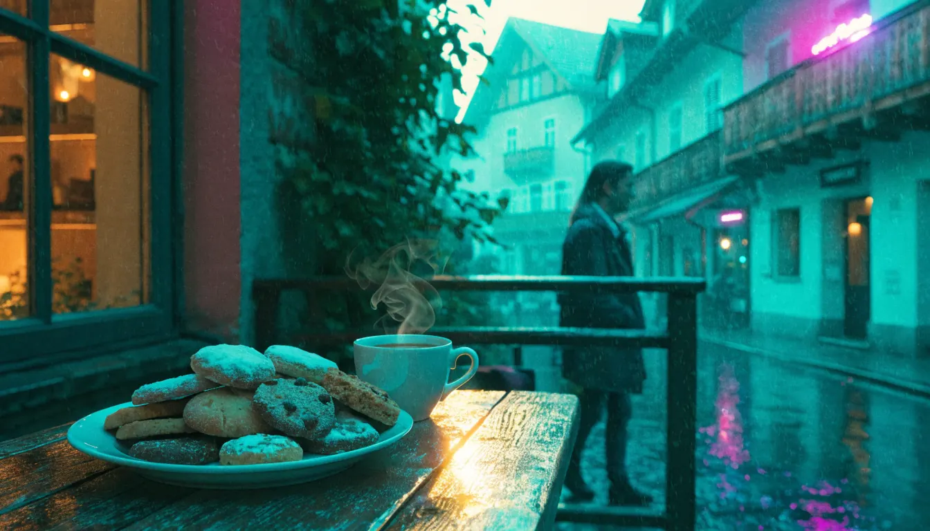 Gemütliche Straße in Österreich mit Keksplatte und Kaffee bei Tageslicht