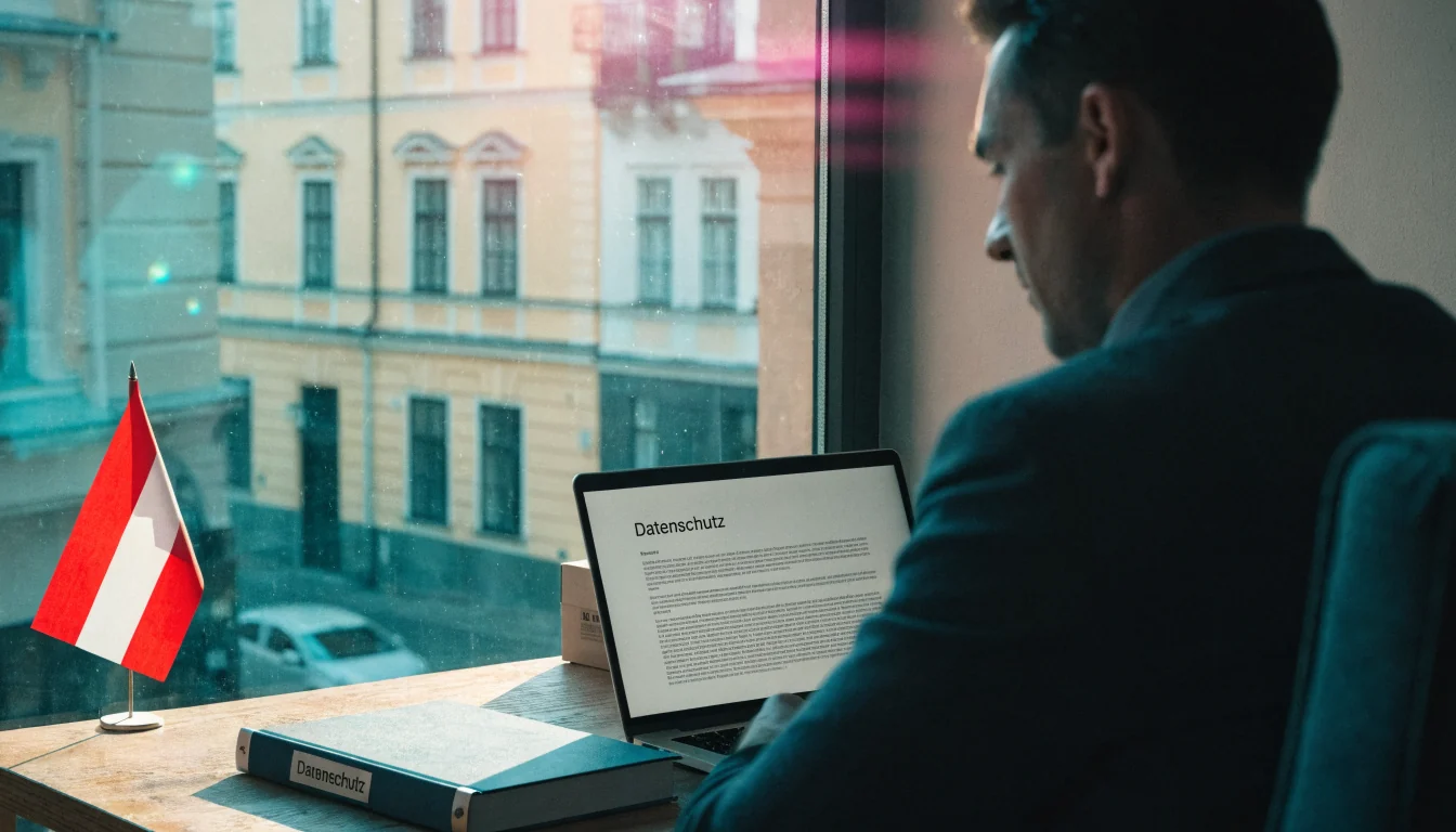 Österreichisches Büro mit Laptop, Datenschutzordner und Fensterlicht