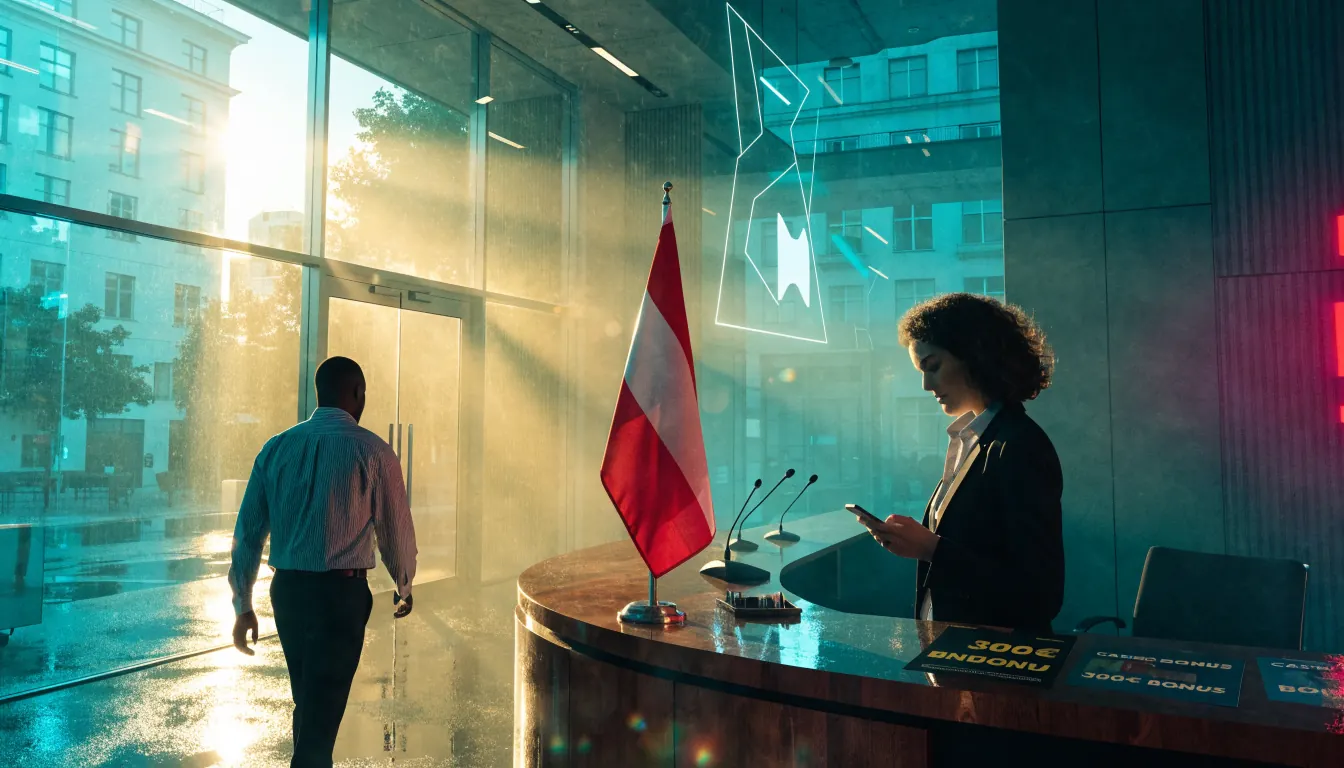 Heller Wiener Büro-Lobby mit Casino‑Bonusbanner