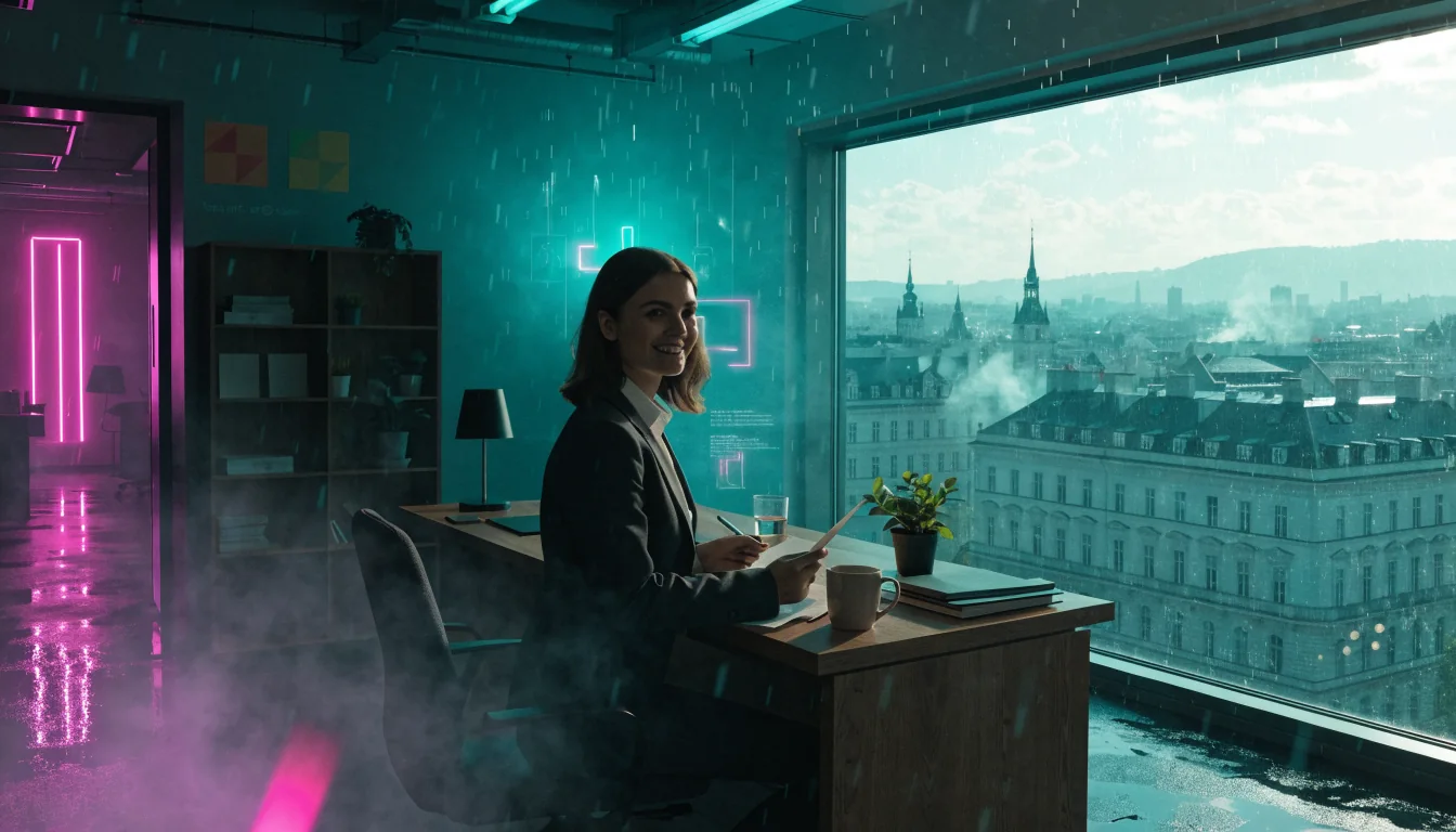 Freundliche österreichische Büroaufnahme mit Empfangstresen und Stadtblick.