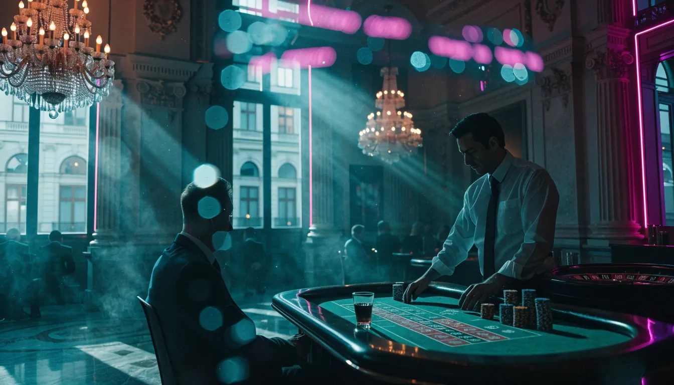 Eleganter Roulette‑Dealer im Wiener Casino, Beleuchtung durch große Fenster