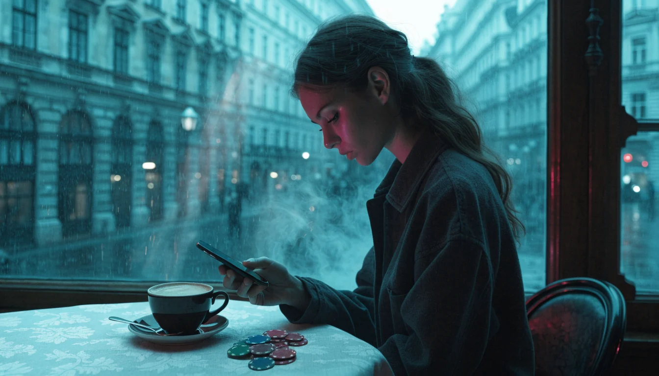 Junge Frau in einem Wiener Café mit Smartphone und Casino-Chips