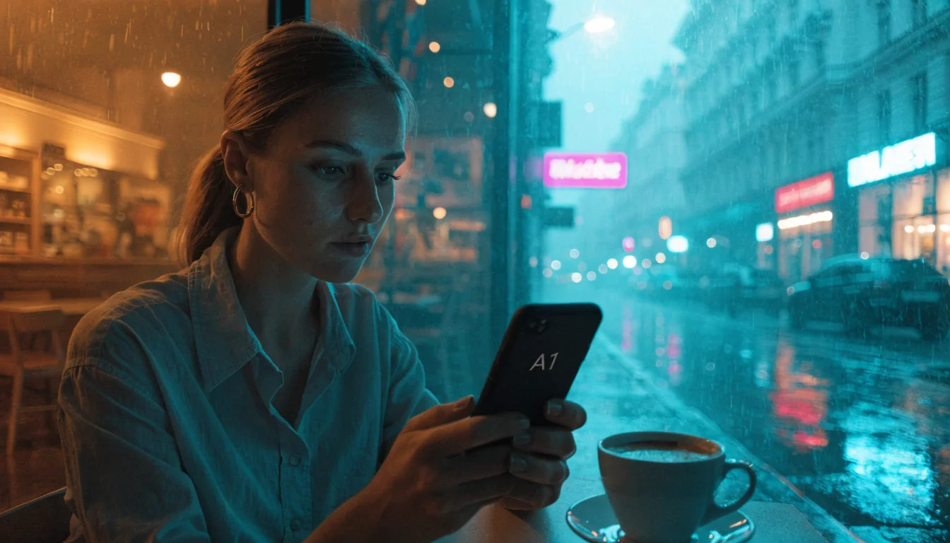 Junge Frau in Wiener Café, Smartphone, A1 Hinweis