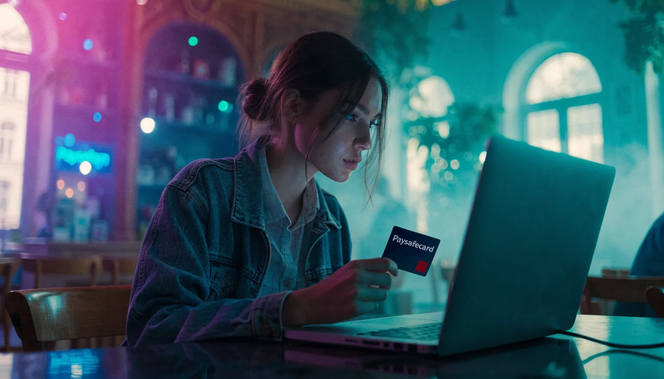 Junge Frau in Wiener Café hält Paysafecard und schaut auf Laptop.
