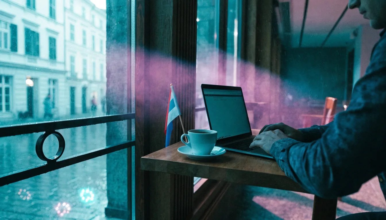 Ein stilvolles Wiener Café mit Laptop, Maltafahne und Kaffeetasse im natürlichen Licht.