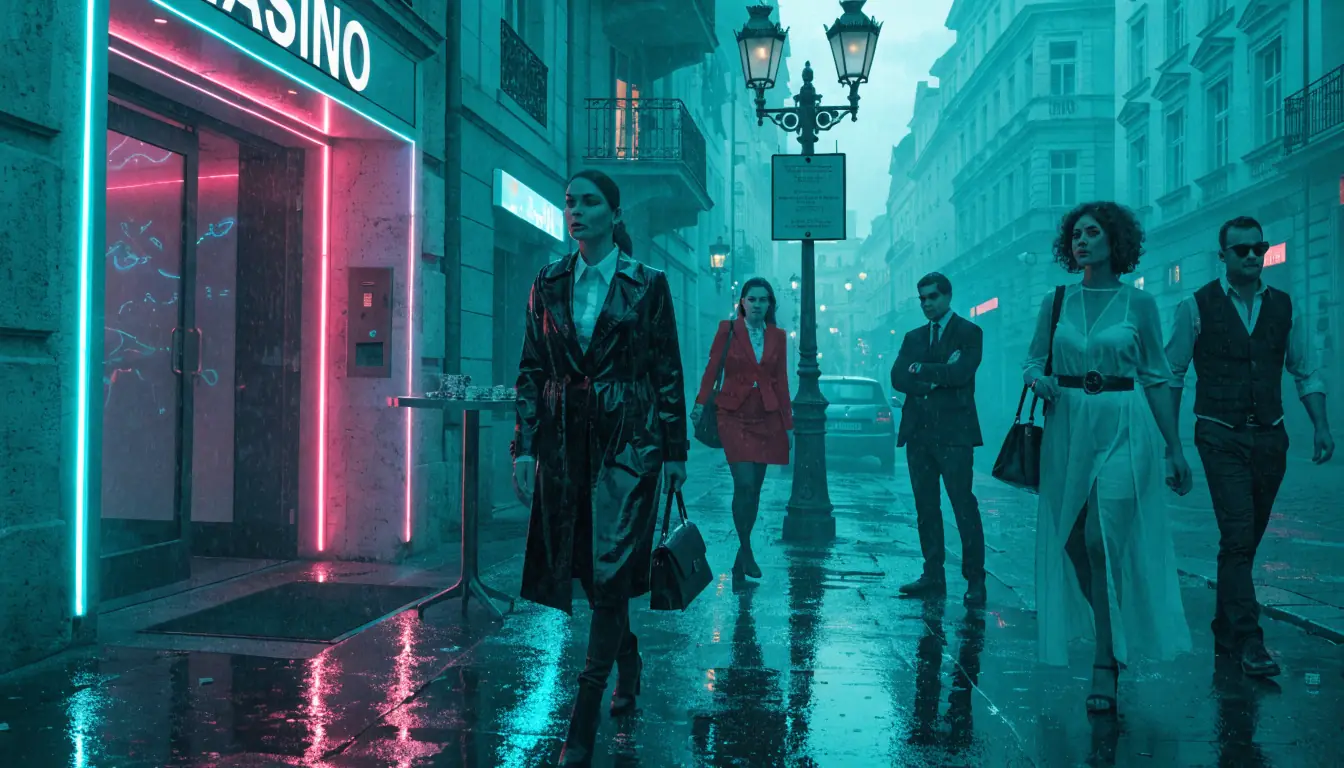 Elegante Casino‑Eintritt in einer österreichischen Straße bei Dämmerlicht