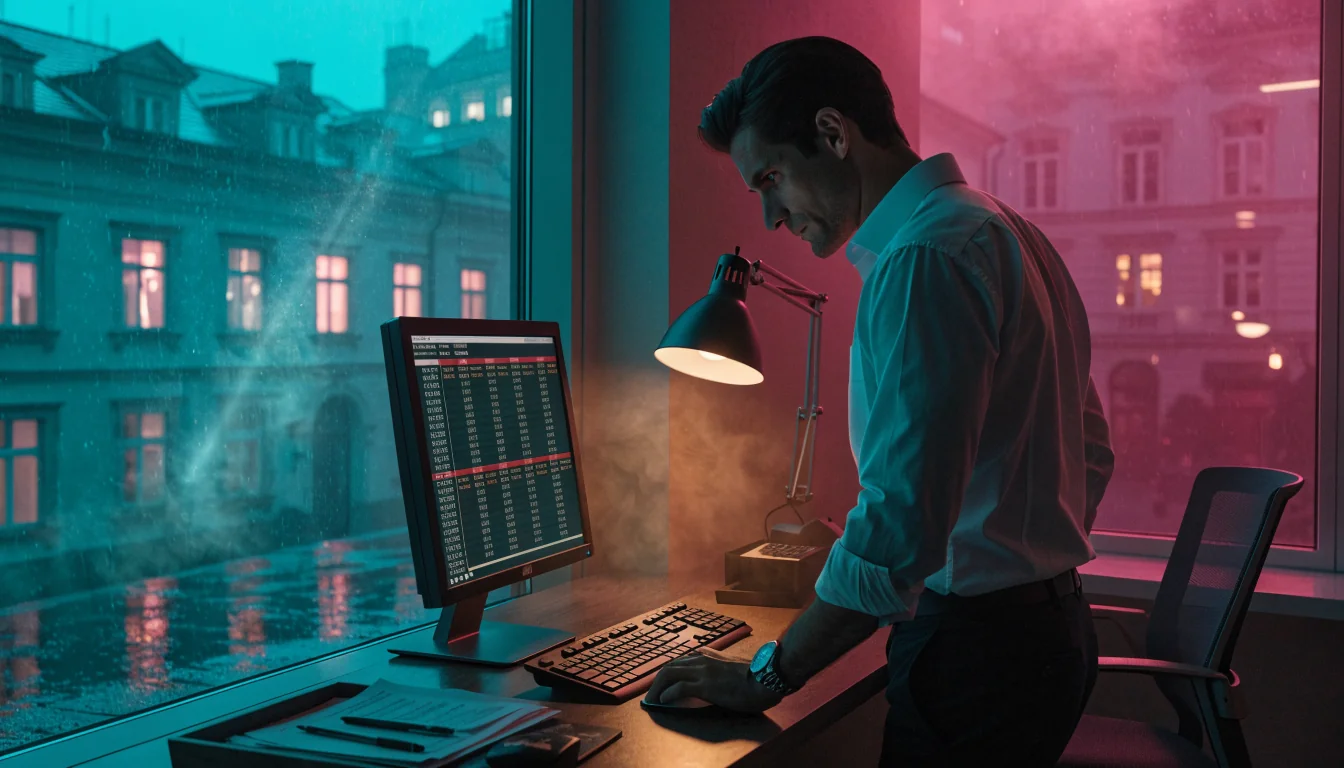 Ein Casinomitarbeiter im Büro mit Blick aus dem Fenster, beleuchtet von einer Schreibtischlampe.