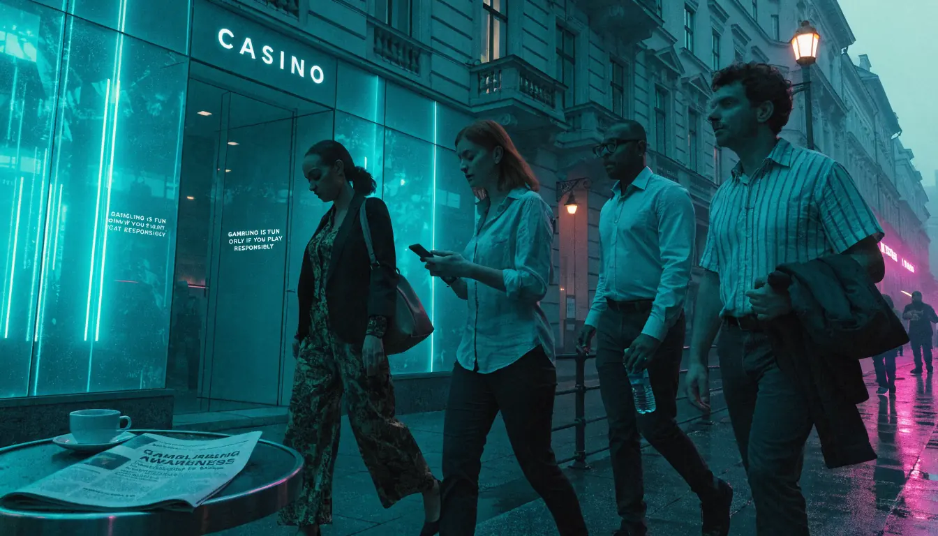Nachdenkliche Straßenszene in Österreich mit Casino und Erwachsenenspende bei Abendlicht